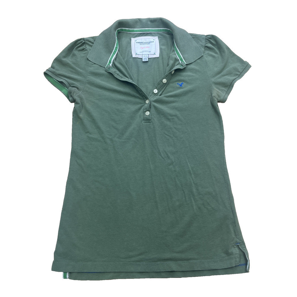 American Eagle Y2k Polo Baby T Shirt Women's Size Medium Green Preppy Fitted